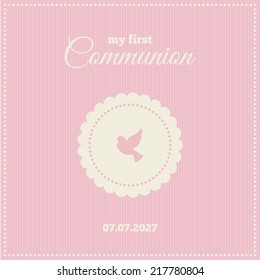 Baptism or communion invitation. Frame with symbol of a dove on a pink background