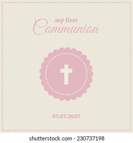 Baptism or communion invitation. Frame with symbol of a cross on a cream background