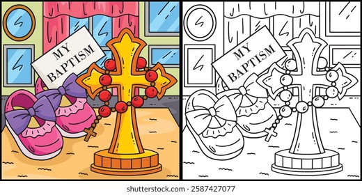 Baptism Cross, Baby Shoes and Rosary Illustration 