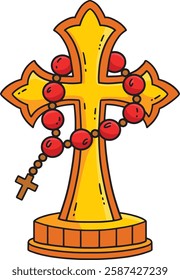 Baptism Cross with Rosary Cartoon Colored Clipart 