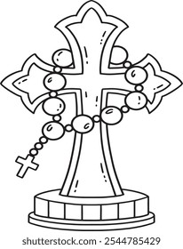 Cruz de Batismo com Rosário Página de Coloração Isolada 