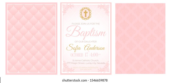 Baptism cute pink invitation template card. Set of illustration for baby girl christening ceremony, communion or confirmation. Little princess birthday, baby shower background. Blush soft rose color