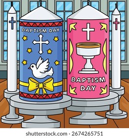 Baptism Day Candles Colored Cartoon Illustration 