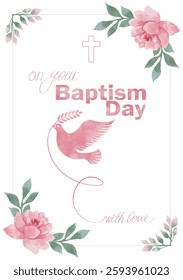 Baptism day greeting card. Poster with peaceful dove and pink blooming flowers. Design element for celebrating traditional religious festival or Christian holiday. Watercolor vector illustration