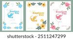 Baptism day greetings card set. Posters with peaceful dove and blooming flowers to celebrate traditional religious festival. Christian holiday. Watercolor vector illustration isolated on background