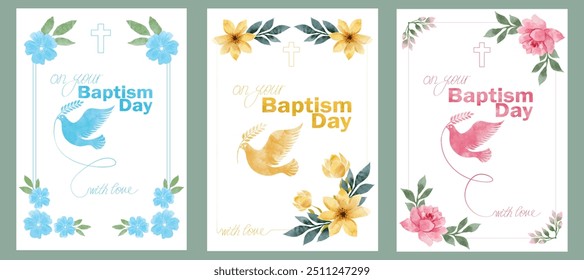 Baptism day greetings card set. Posters with peaceful dove and blooming flowers to celebrate traditional religious festival. Christian holiday. Watercolor vector illustration isolated on background