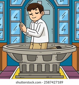 Baptism Font Child Praying Colored Cartoon 
