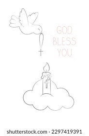 Baptism Holiday Invitation Template Dove flying and carrying in the Sky a Christian Cross Cloud with a Prayer Candle and the Inscription God Bless You Vector Illustration in Doodle Style