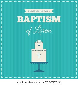 Baptism invitation. Azure, blue and cream colors. Illustration of a baptism cake.