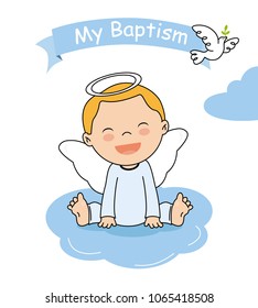 baptism invitation card. Smiling angel boy sitting on a cloud