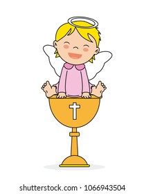 baptism invitation card. Smiling angel girl sitting on a calyx