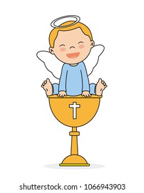 baptism invitation card. Smiling angel boy sitting on a calyx