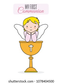baptism invitation card. smiling angel with chalice