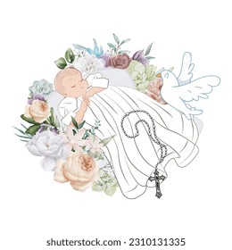 Baptism Invitation with Cross Design and Flowers. Baptized child ornament. Vector design.