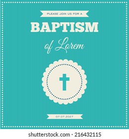 Baptism invitation. Frame with symbol of a cross on a blue background
