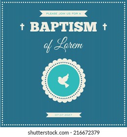 Baptism invitation. Frame with symbol of a dove on a blue background