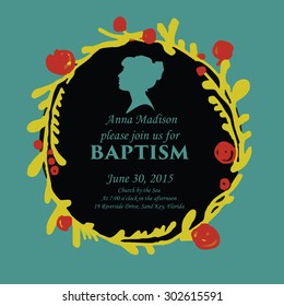 baptism invitation, invite card with text and sillouette people, circular floral ornament, orange flowers on a blue background