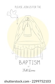 Baptism Invitation Template Baby Cradle with Baptismal Gown and Dove Peace in Doodle Style