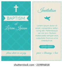 Baptism invitation, template. Blue and cream colors. Banner, lettering, symbols of dove and cross.