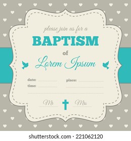 Baptism invitation, template. Blue, gray and cream colors. Vintage frame with symbols of dove and cross.