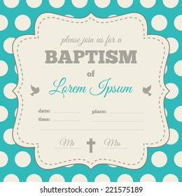 Baptism invitation, template. Blue, gray and cream colors. Vintage frame with symbols of dove and cross.