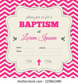 Baptism invitation, template. Bright pink, gray and cream colors. Vintage frame with symbols of dove and cross, chevron background.