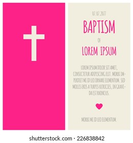 Baptism invitation, template. Bright pink and cream colors. Symbol of cross and simple design