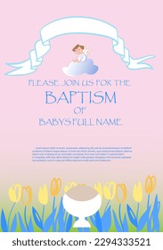 baptism invitation template Design with Cross and flowers in Vector