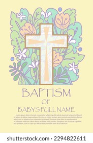 baptism invitation template Design with Cross and flowers in Vector