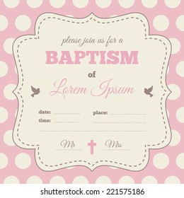 Baptism invitation, template. Pink, brown and cream colors. Vintage frame with symbols of dove and cross, polka dot background.