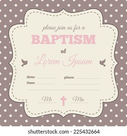 Baptism invitation, template. Pink, brown and cream colors. Vintage frame with symbols of dove and cross, polka dot background.