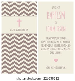 Baptism invitation, template. Pink, brown and cream colors. Symbol of cross and chevron background.