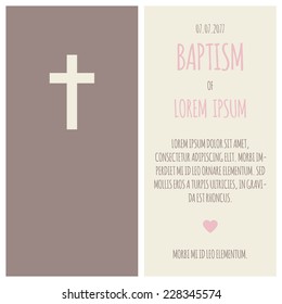 Baptism invitation, template. Pink, brown and cream colors. Symbol of cross and simple design.