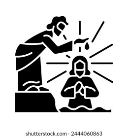 Baptism of Jesus black glyph icon. Traditional ritual. River Jordan. Jesus Christ and John the baptist. Biblical scene. Silhouette symbol on white space. Solid pictogram. Vector isolated illustration