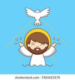 Baptism Of Jesus With Dove Cartoon. Vector Illustration