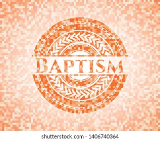 Baptism orange tile background illustration. Square geometric mosaic seamless pattern with emblem inside.