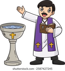 Baptism Priest and Baptismal Font Cartoon Clipart 