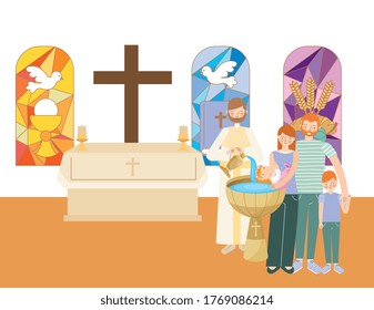 baptism sacrament celebration in the church cartoon. vector illustration
