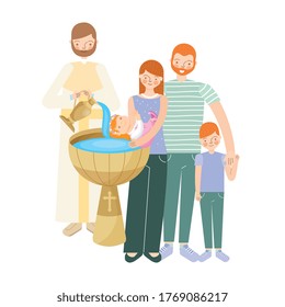 Baptism Sacrament Celebration With Family And Priest Cartoon. Vector Illustration