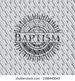 Baptism shiny silver badge. Scales pattern. Vector Illustration. Detailed.