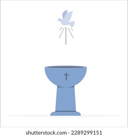 Baptismal bowl and a cross framed . golden baptismal font and dove with olive branch, Holy Spirit symbol- vector illustration. Orthodox baptism bowl of holy water and candles.