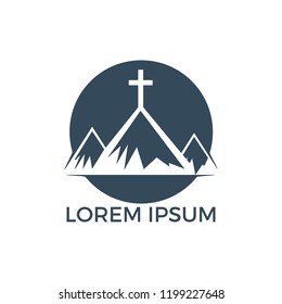 Baptist cross in mountain logo design. Cross on top of the mountain.