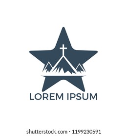 Baptist cross in mountain logo design. Cross on top of the mountain and star shape logo.