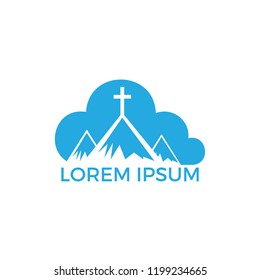 Baptist cross in mountain logo design. Cross on top of the mountain and cloud shape logo. 