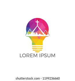 Baptist cross in mountain logo design. Cross on top of the mountain and light bulb shape logo.