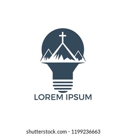 Baptist cross in mountain logo design. Cross on top of the mountain and light bulb shape logo.