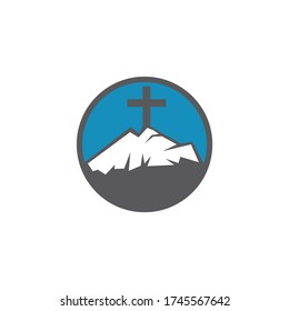 Baptist cross in mountain logo design. Cross on top of the mountain.	