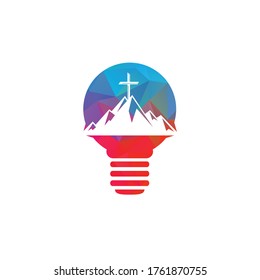 Baptist cross in mountain logo design. Cross on top of the mountain and light bulb shape logo.
