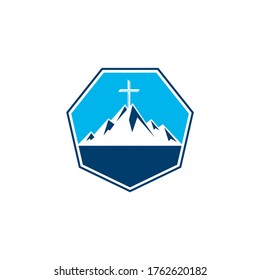 Baptist cross in mountain logo design. Cross on top of the mountain.