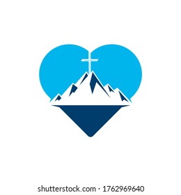 Baptist cross in mountain logo design. Cross on top of the mountain and heart shape logo. God Christian Love conceptual logo design